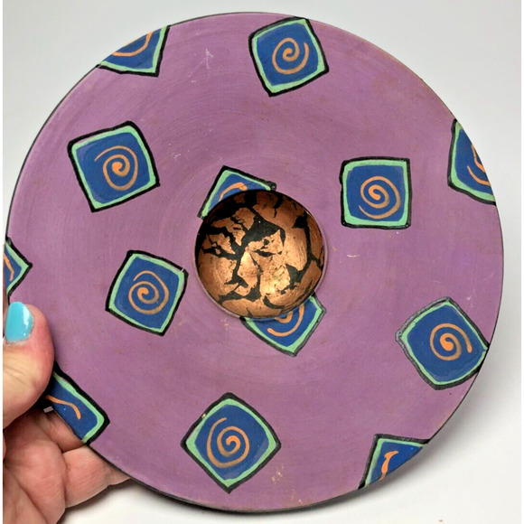 Barbara Mann Made Designs Fun 8" Matte Pottery Bowl Purple Chicklets Copper Leaf - Picture 3 of 8